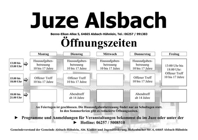 Jugendzentrum Alsbach - Plan der Öffnungszeiten